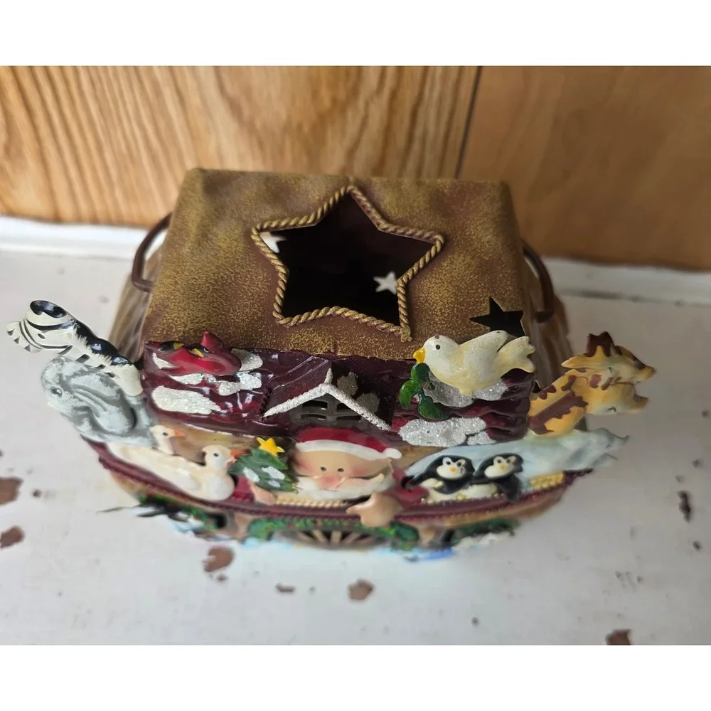 Home Interiors Christmas Noahs Ark Tin Tealight Votive Candle Holder Lantern